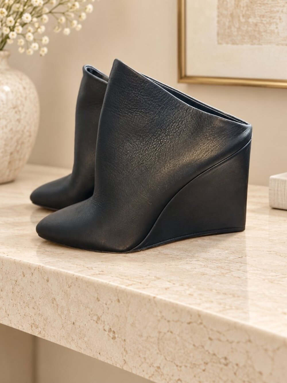 Vince Black Leather Pointed Toe Wedge Booties Made in Italy Size 6M